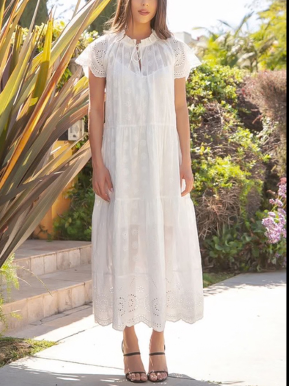 Eyelet Tiered Midi Dress in White